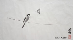 Humming Bird & Mocking Bird, original Chinese Calligraphic painting on rice paper, 30x53cm, La Jolla, California