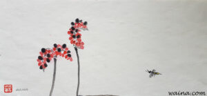 Bee (Bee and red seed pod with black seeds), original Chinese Calligraphic painting on rice paper, 15x24.5cm