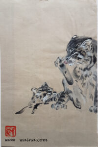 Loving eyes (Kitten watching mother grooming), original Chinese Calligraphic painting on rice paper, 27x18cm