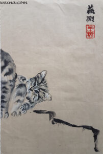 Peeping Tom (Kitten looking out from the canvas), original Chinese Calligraphic painting on rice paper, 27x18cm