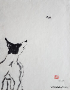 What's up? (Bull Terrier and Bees), original Chinese Calligraphic painting on rice paper, 29.7x23.3cm