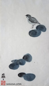 Sanderling with stones, original Chinese Calligraphic painting on rice paper, 39.5x23cm