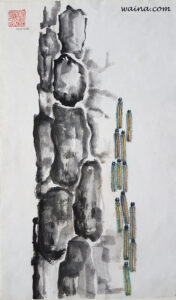 The Long March (Spodoptera army worms on tree trunk), original Chinese Calligraphic painting on rice paper, 38.5x23cm