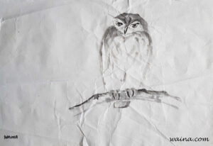 Contemplation (Little Owl), original Chinese Calligraphic painting on rice paper, 16.3x38cm