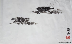 Spa day (Sand bathing Sparrows), original Chinese Calligraphic painting on rice paper, 27x44.5cm