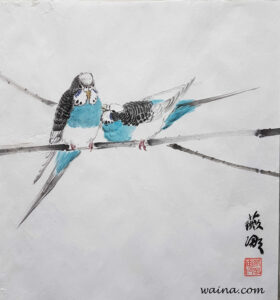 Gosh! You smell nice! (Budgerigars), original Chinese Calligraphic painting on rice paper, 31.3x29.5cm