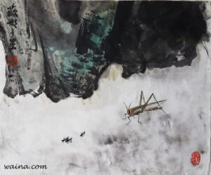 Friendly Encounter? (Locust, Ant, Rock), original Chinese Calligraphic painting on rice paper, 31.5x38cm, Singapore