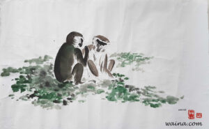 Bonding (Two Monkeys grooming), original Chinese Calligraphic painting on rice paper, 35.5x56cm, Germany