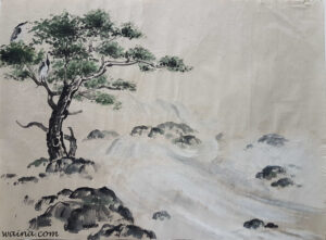 Rapids (Two Night Herons in a Tree next to Rapids), original Chinese Calligraphic painting on rice paper, 34x46cm