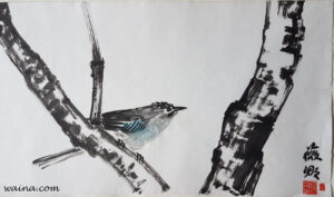 Jay with tree branches, original Chinese Calligraphic painting on rice paper, 32.5x56cm