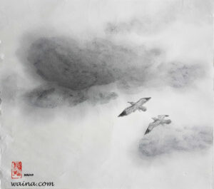 Thunder Clouds (Skyscape with Thunder Clouds and two Seagulls), original Chinese Calligraphic painting on rice paper, 43.8x48.3cm, Oxford, UK, late 1980s