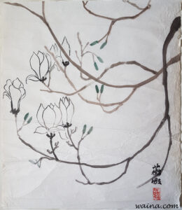 Magnolia, original Chinese Calligraphic painting on rice paper, 52.5x45.5cm, early 1970s