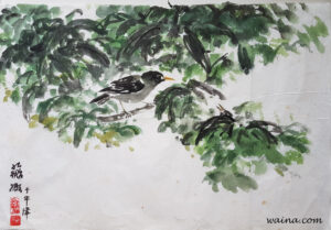 Mother and Nestling in Tree, original Chinese Calligraphic painting on rice paper, 42x61cm, Oxford, UK, 1980s