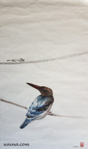 Hello, what's that? (Kingfisher and Dragonfly), original Chinese Calligraphic painting on rice paper, 65x31cm, Oxford, UK, early 1980s