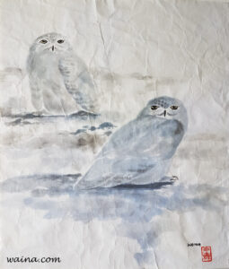 Blue Snowy Owls (Two Snowy Owls from Sketches with Eric Ennion), original Chinese Calligraphic painting on rice paper, 42x35.5cm, Oxford, UK, early 1980s