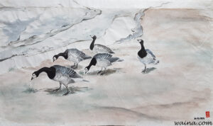 Canadian Geese (Geese in a meadow), original Chinese Calligraphic painting on rice paper, 26.5x44cm