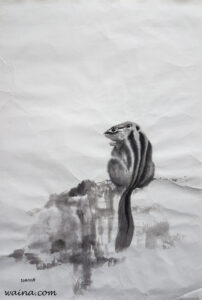 Chipmunk after feeding, original Chinese Calligraphic painting on rice paper, 46x30.5cm