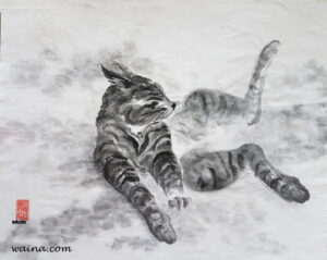 At rest (Tomcat), original Chinese Calligraphic painting on rice paper, 37.5x46cm