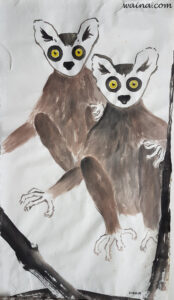 Who's there (Yellow eyed Lemurs), original Chinese Calligraphic painting on rice paper, 63x35cm