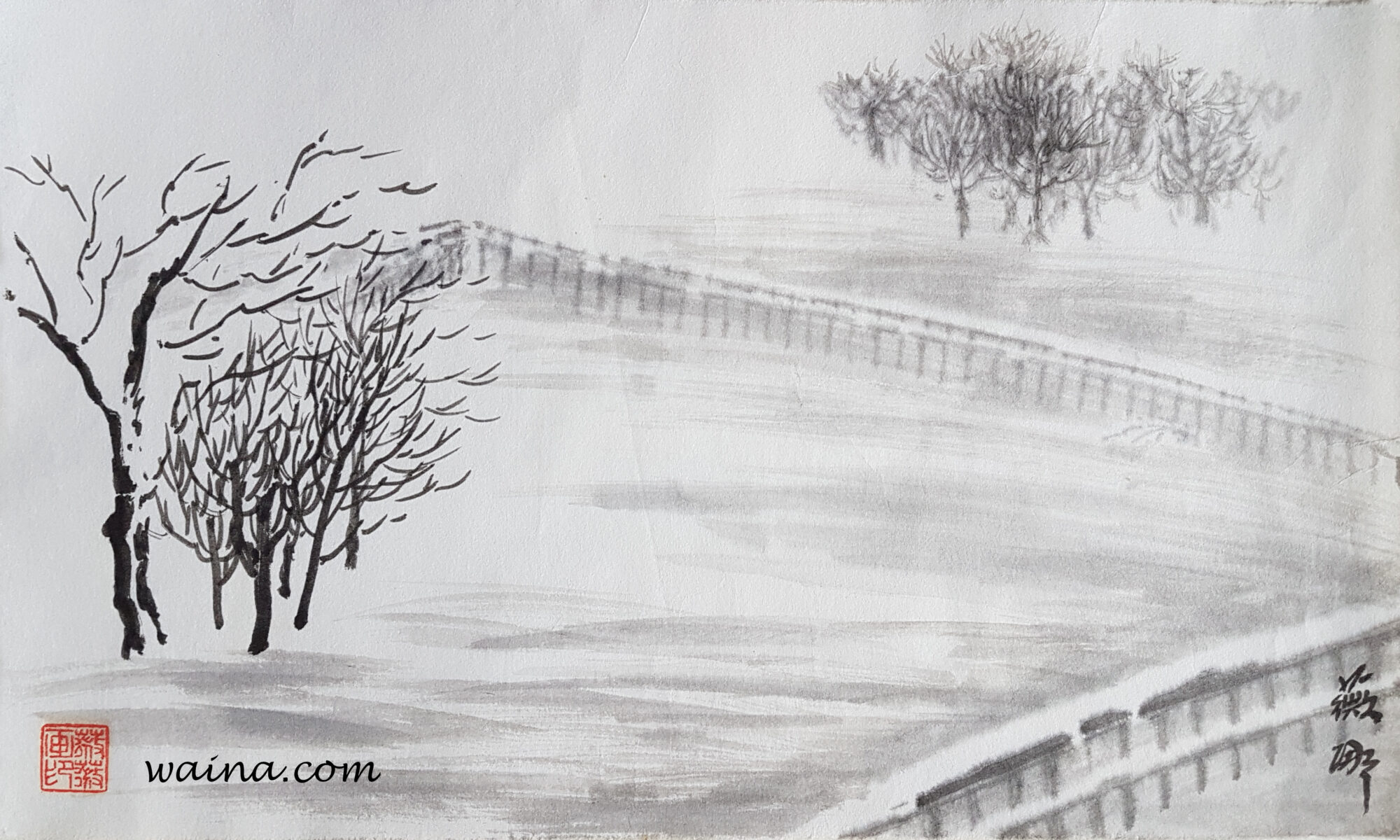 Winter (Fences and snow), original Chinese Calligraphic painting on rice paper, 38x23cm, Germany