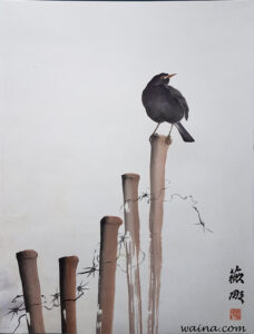 Blackbird in Fence Post, original Chinese Calligraphic painting on rice paper, 56.5x43cm, Cambridge, UK, 1969