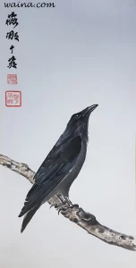 Rook (Rook on a Branch), original Chinese Calligraphic painting on rice paper, 52.3x26.5cm, Cambridge, UK, 1969