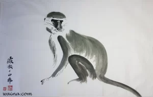 Alone (Solitary Diana Monkey from Nigeria), original Chinese Calligraphic painting on rice paper, 42.3x66.6cm, Oxford, UK, 1980s