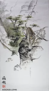 Leopard in Valley (Leopard in a Valley in Israel), original Chinese Calligraphic painting on rice paper, 76x29.5cm, 1989