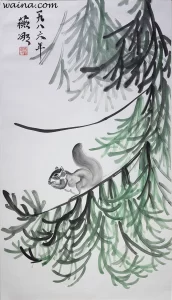 Squirrels (Squirrel in pine tree with the year of the painting 一九八六年), original Chinese Calligraphic painting on rice paper, 67.5x38cm, 1986