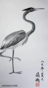 Heron (Heron, Year and Season painted 八六年 夏天), original Chinese Calligraphic painting on rice paper, 70.8x38cm, Summer 1986