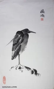 Night Heron (Single Night Heron resting on a Rock), original Chinese Calligraphic painting on rice paper, 68.5x41cm