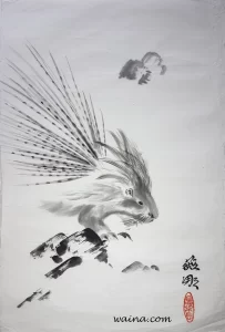 Porcupine, original Chinese Calligraphic painting on rice paper, 71.5x97cm