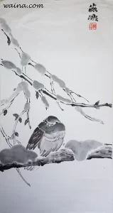 Gosh! It's Cold! (Pigeon in Winter), original Chinese Calligraphic painting on rice paper, 72x35cm