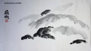 Help!! I want to get off! (Rapids surrounding Ant on Rock), original Chinese Calligraphic painting on rice paper, 38x67.5cm