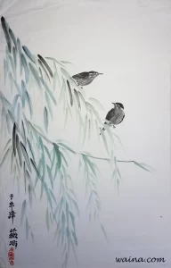 Sparrows on Willow Tree, original Chinese Calligraphic painting on rice paper, 65.5x40cm