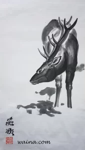 Reindeer (Single Reindeer), original Chinese Calligraphic painting on rice paper, 68x38cm