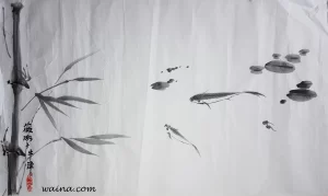 Fish and Tadpoles, original Chinese Calligraphic painting on rice paper, 73.5x74cm