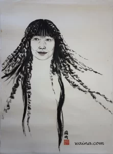 Waina (Self Portrait with Crumpled Hair), original Chinese Calligraphic painting on rice paper, 66x47.7cm