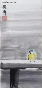 Blue Tits in Winter, original Chinese Calligraphic painting on rice paper, 37.5x17.5cm, Germany