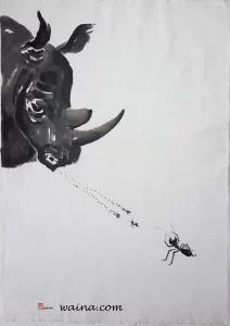 Wow!!! Big Load (Rhino and Ants), original Chinese Calligraphic painting on rice paper, 63x45cm