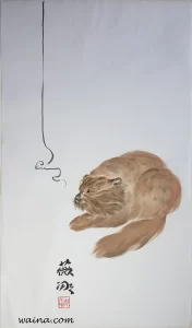 Not Interested (Fat Ginger Cat), original Chinese Calligraphic painting on rice paper, 65x38cm