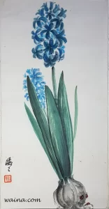 Ladybirds and Blue Hyacinth, original Chinese Calligraphic painting on rice paper, 38x19.5cm