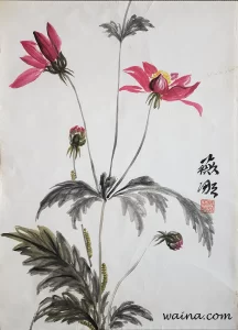 Chrysanthemum and Caterpillars, original Chinese Calligraphic painting on rice paper, 45.2x32cm