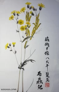 Ragwort and Caterpillars, original Chinese Calligraphic painting on rice paper, 38x24.5cm