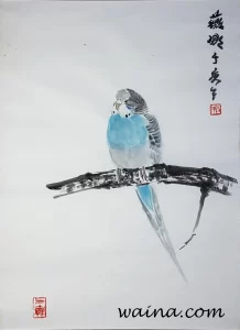 Fipsie (Mrs. Huber's Blue Budgerigar I looked after), original Chinese Calligraphic painting on rice paper, 38x27.8cm, Germany