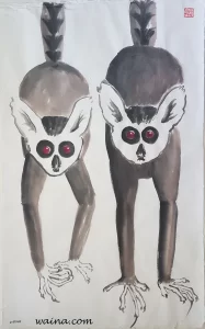 The Twins (Two Lemurs), original Chinese Calligraphic painting on rice paper, 63.8x39cm