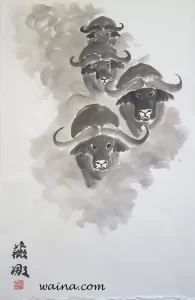 The Stampede (Herd of Buffalo Stampeding in a cloud of dust), original Chinese Calligraphic painting on rice paper, 64x40.5cm