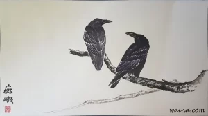 What's up? (Two Crows on a Branch), original Chinese Calligraphic painting on rice paper, 33x60.5cm