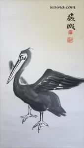 Pelican, Bellycan!! (Pelican with wings open), original Chinese Calligraphic painting on rice paper, 67x37.8cm