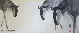 Howdy!! (Three Wildebeest), original Chinese Calligraphic painting on rice paper, 30x72cm